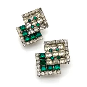 【USA輸入】ヴィンテージ HOBE エメラルド クリア ビジュー イヤリング/Vintage HOBE Emerald Clear Bijou Clip On Earrings