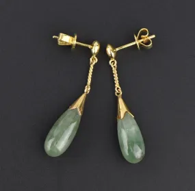 Vintage 14K Gold Pierced Jade Drop Earrings, 1 5/8 in.