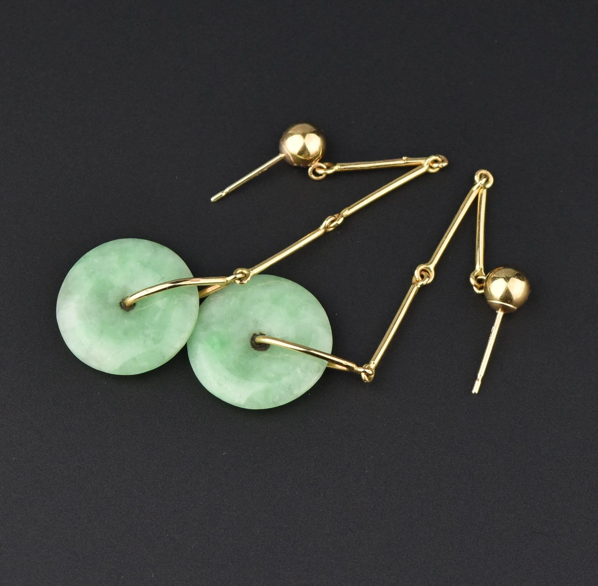 VIntage 14K Jade Disc Long Dangle Earrings, 2 1/3 in.