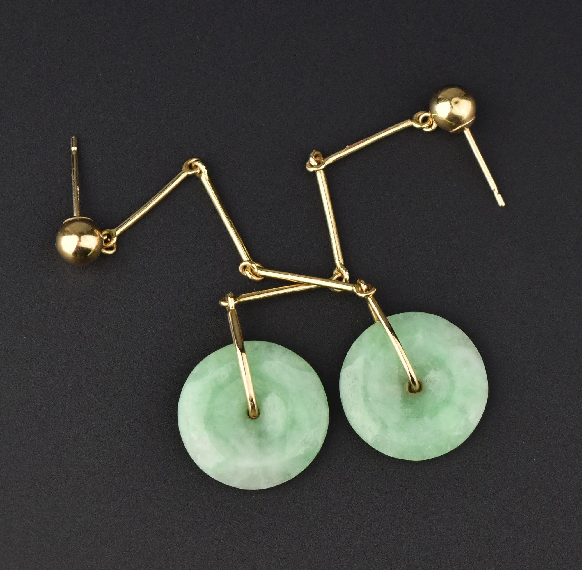 VIntage 14K Jade Disc Long Dangle Earrings, 2 1/3 in.