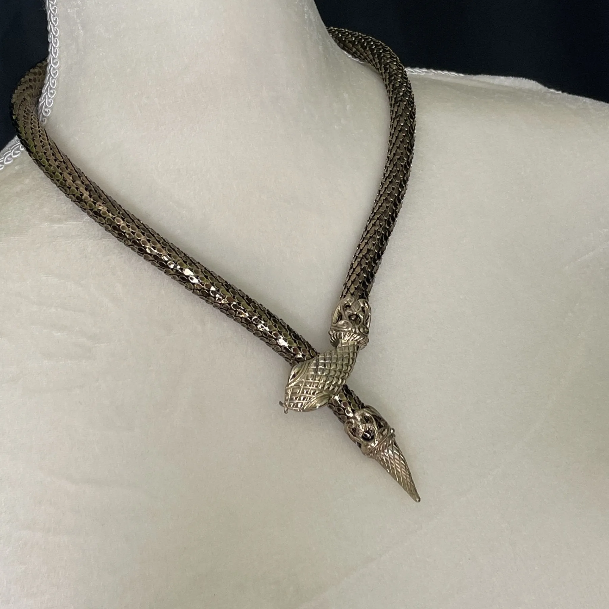 Vintage Gold Tone Snake Necklace by Whiting Davis. Adjustable Choker Lariat or Princess Pendant.