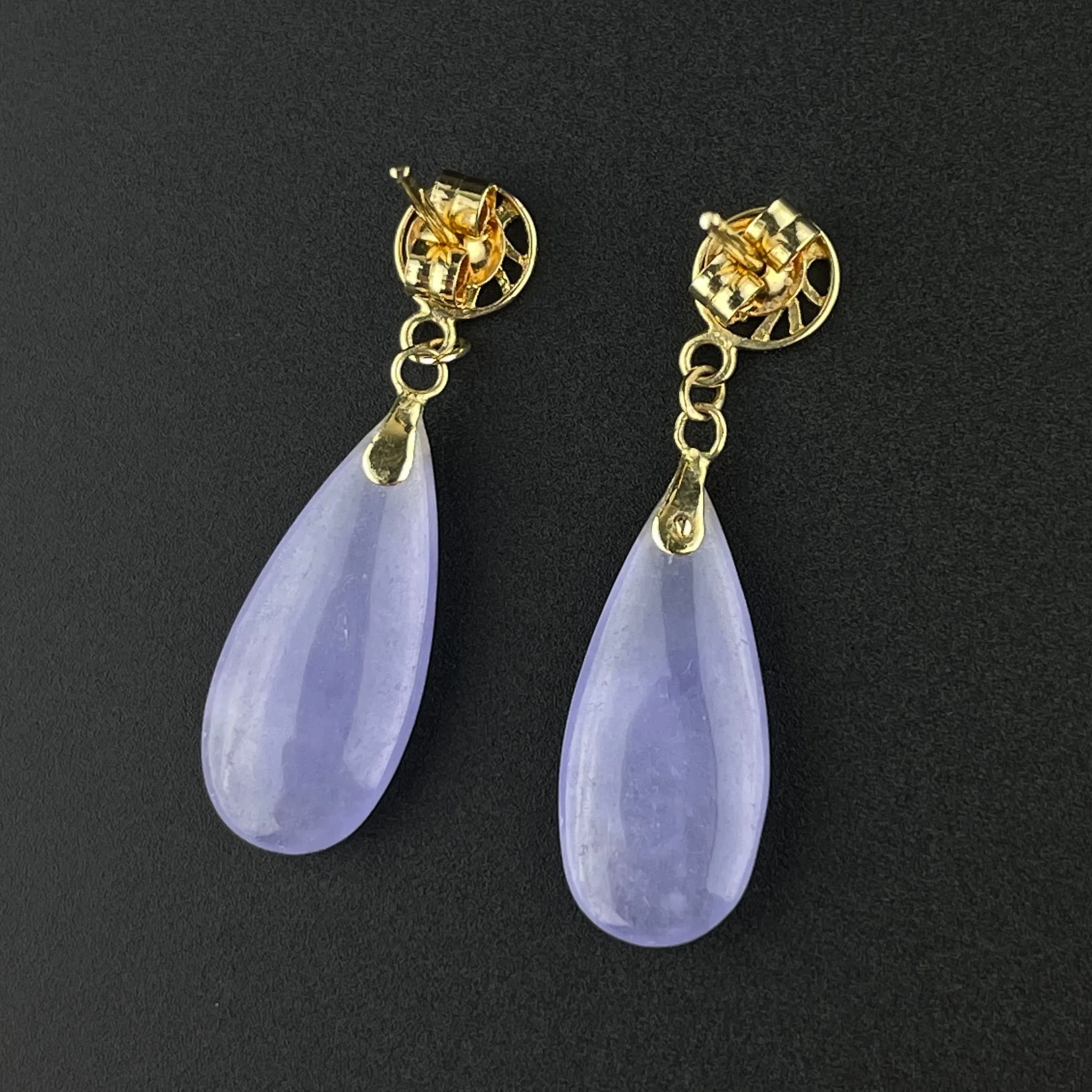 Vintage Lavender Jade 14K Gold Wide Drop Earrings