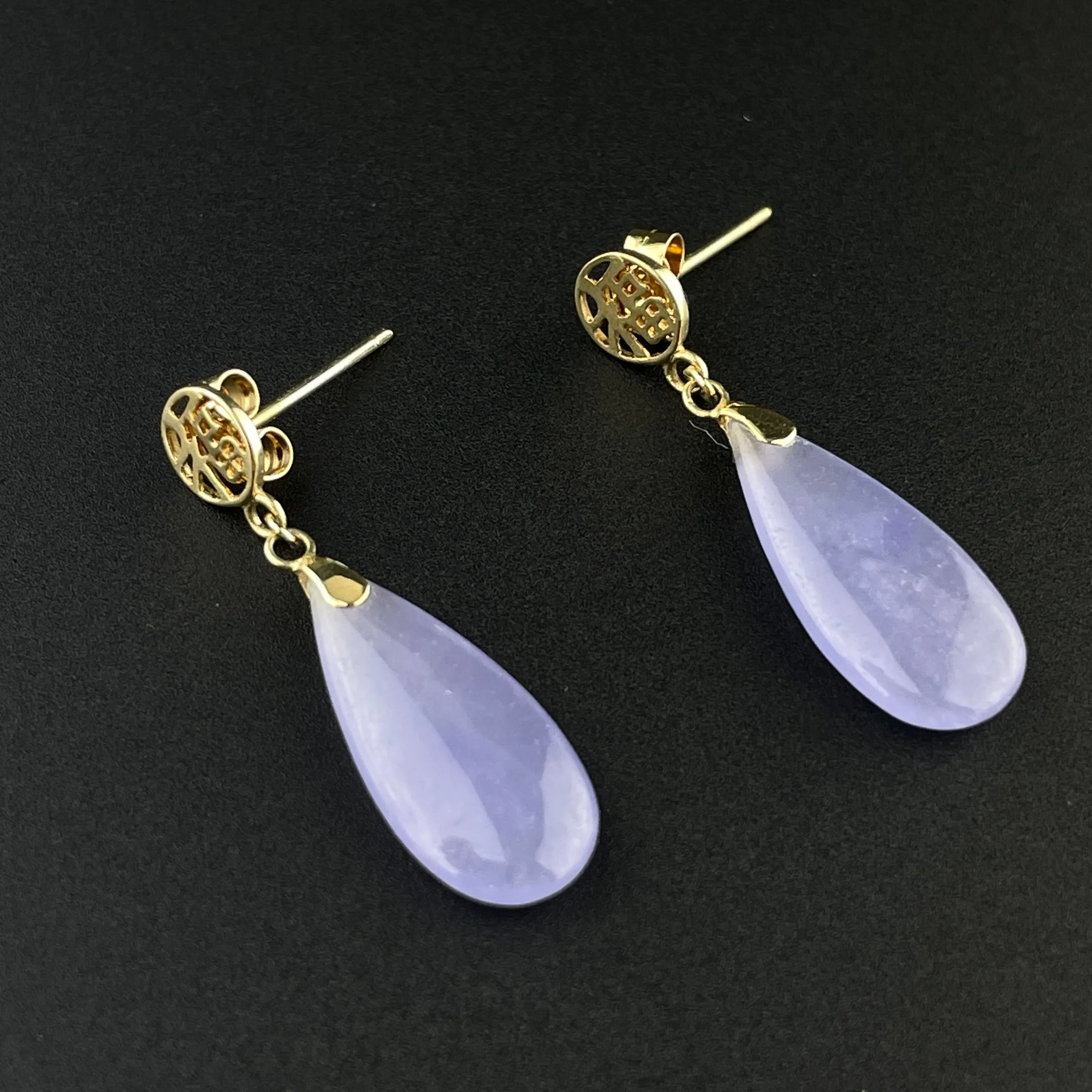 Vintage Lavender Jade 14K Gold Wide Drop Earrings