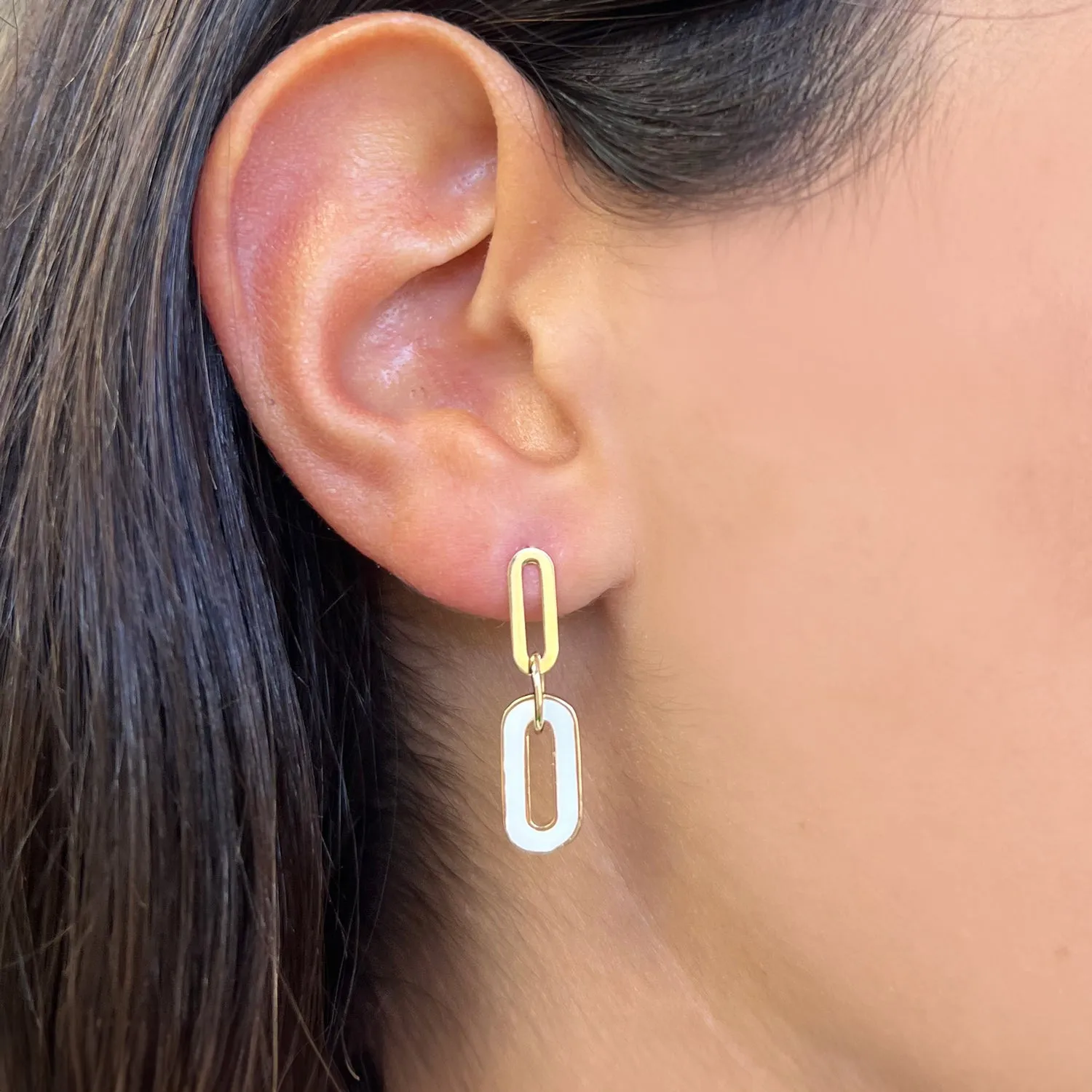 White Enamel Paperclip Link Earrings