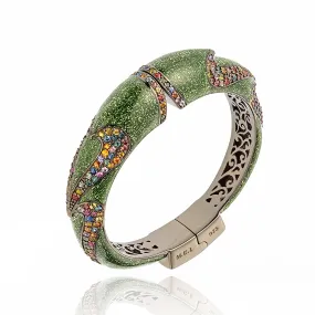 White Rhodium Plated Sterling Silver Bangle Bracelet With Leaf Green Glitter Enamel & Mixed Sapphires