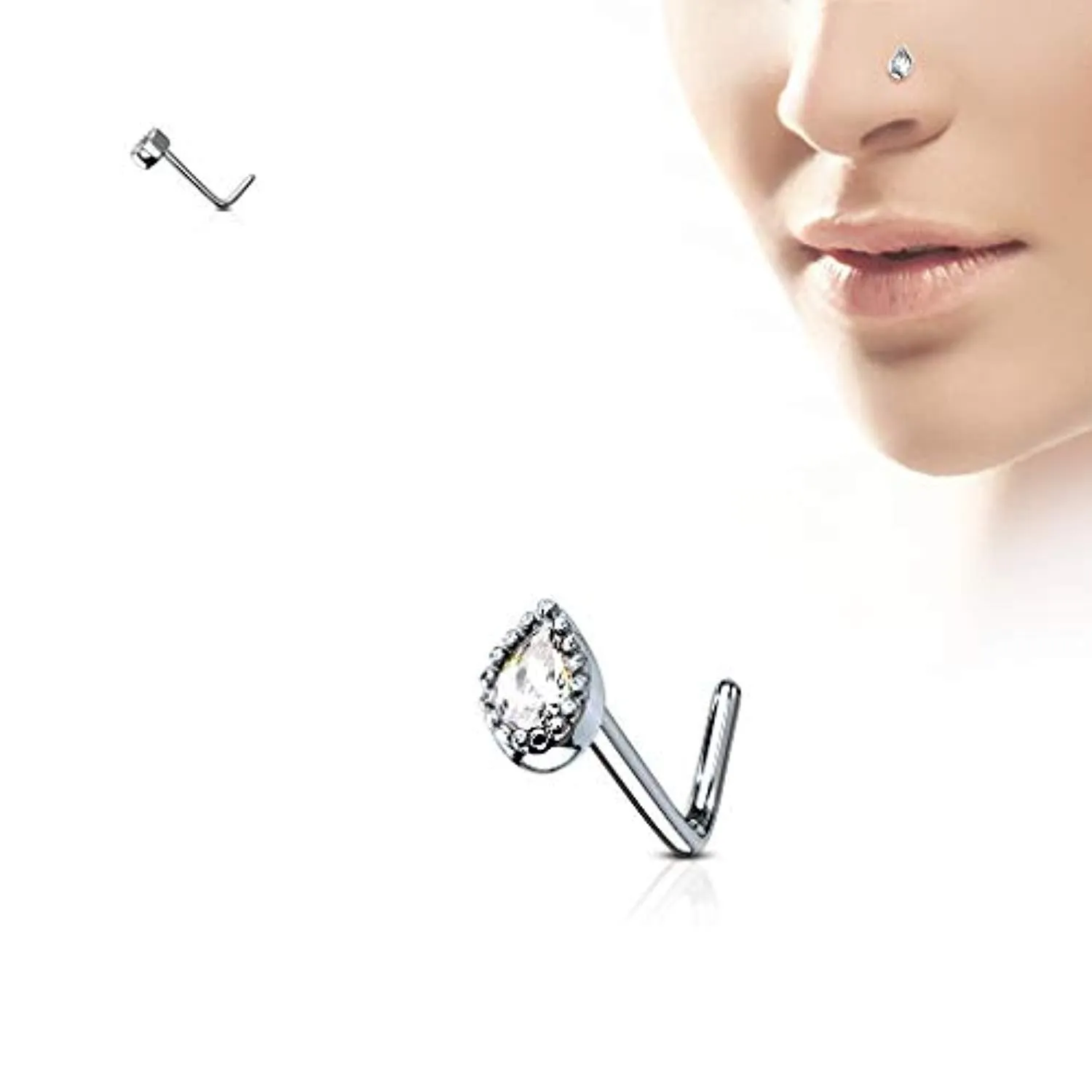 WildKlass Gem Set Tear Drop 316L Surgical Steel L Bend Nose Stud Rings