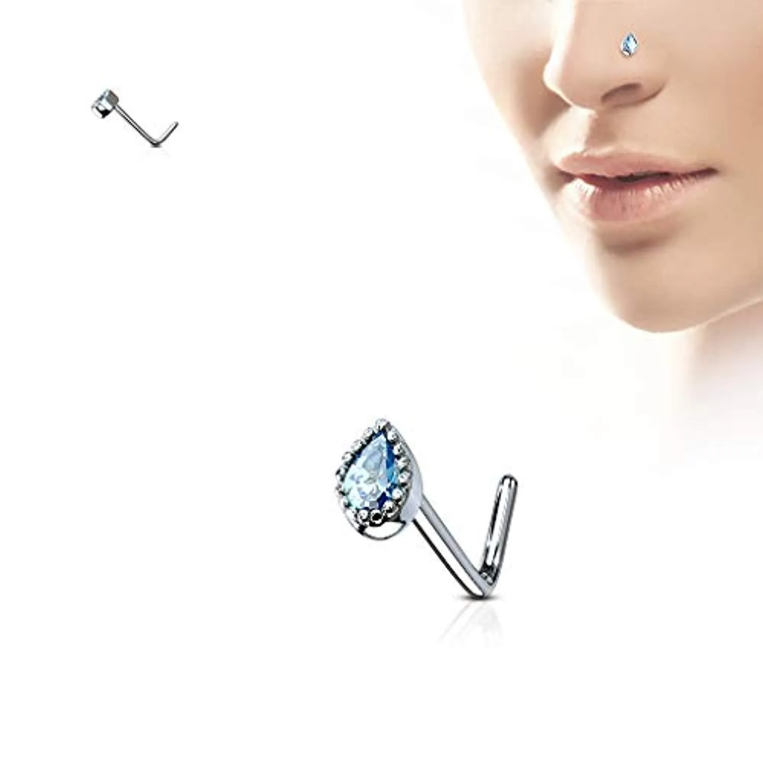 WildKlass Gem Set Tear Drop 316L Surgical Steel L Bend Nose Stud Rings