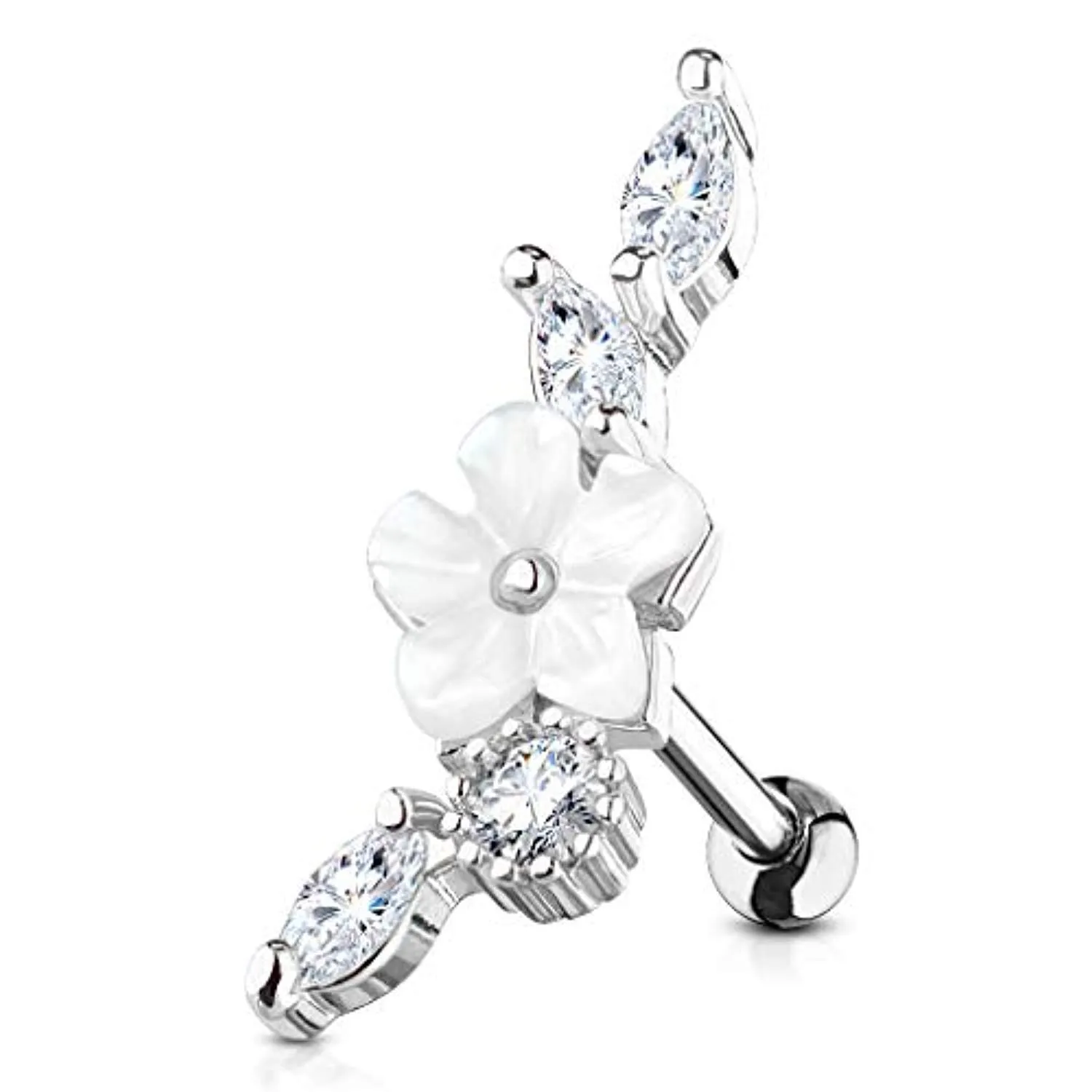 WildKlass Mother of Pearl Flower Centered CZ Vine 316L Surgical Steel Cartilage, Tragus Barbell Studs