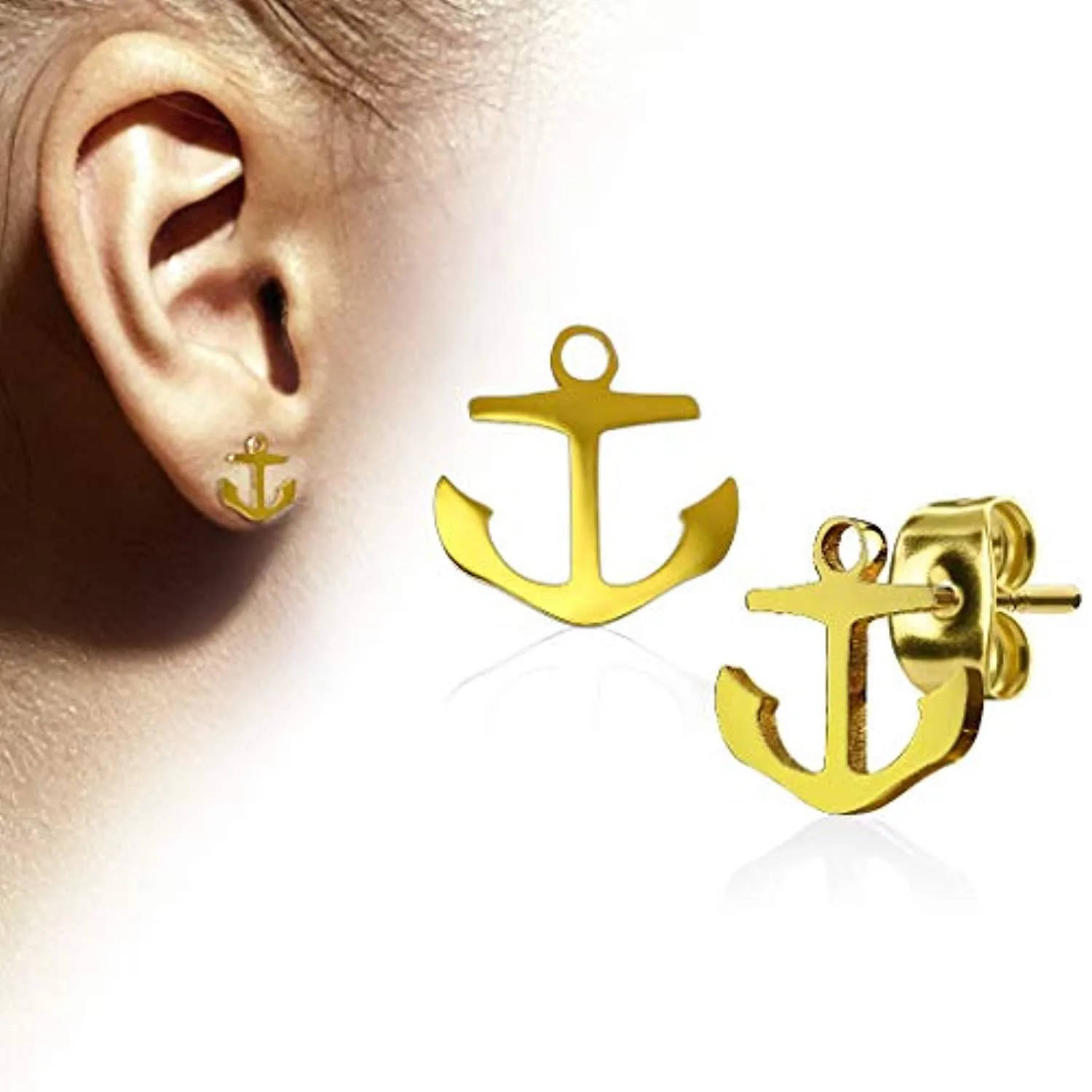 WildKlass Pair of Hand Polished Anchor 316L Stainless Steel Earring Studs