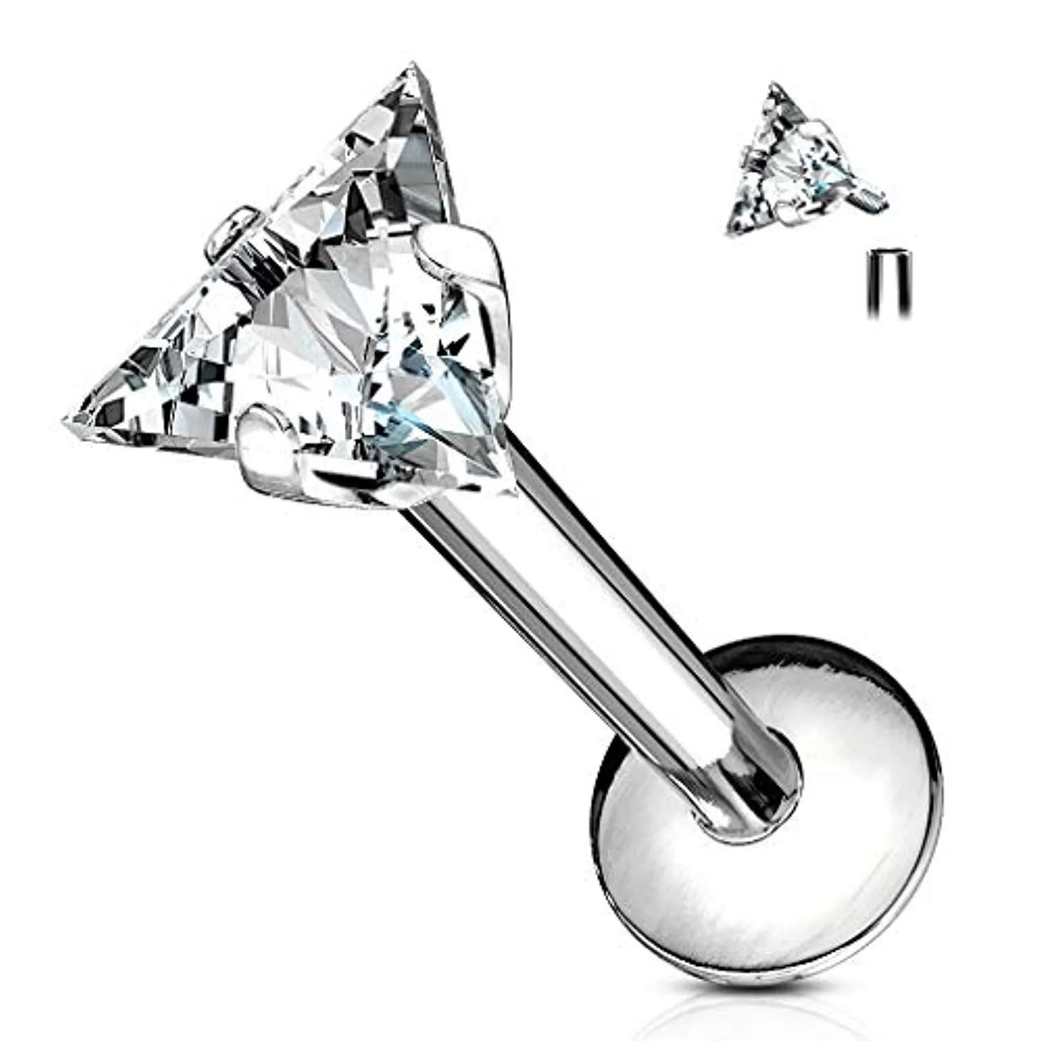 WildKlass Triangle CZ Prong Set 316L Internally Threaded Labret, Monroe, Cartilage Stud Rings