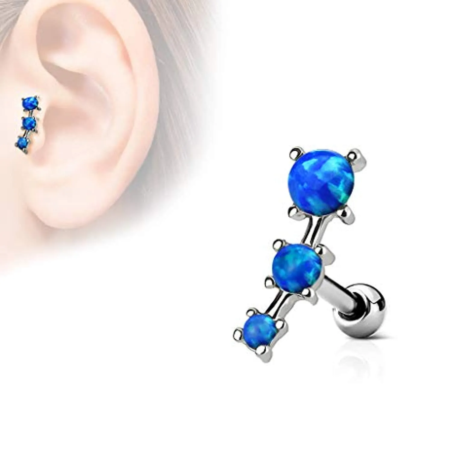 WildKlass Triple Opal Prong Set 316L Surgical Steel Tragus/Cartilage Barbell