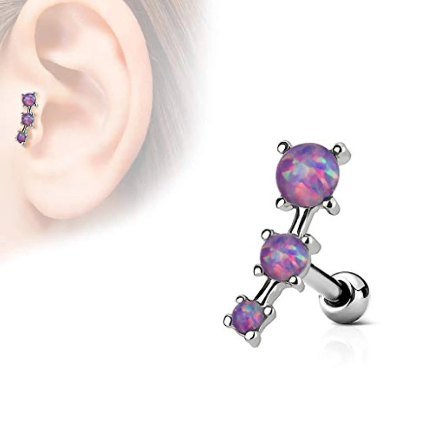 WildKlass Triple Opal Prong Set 316L Surgical Steel Tragus/Cartilage Barbell