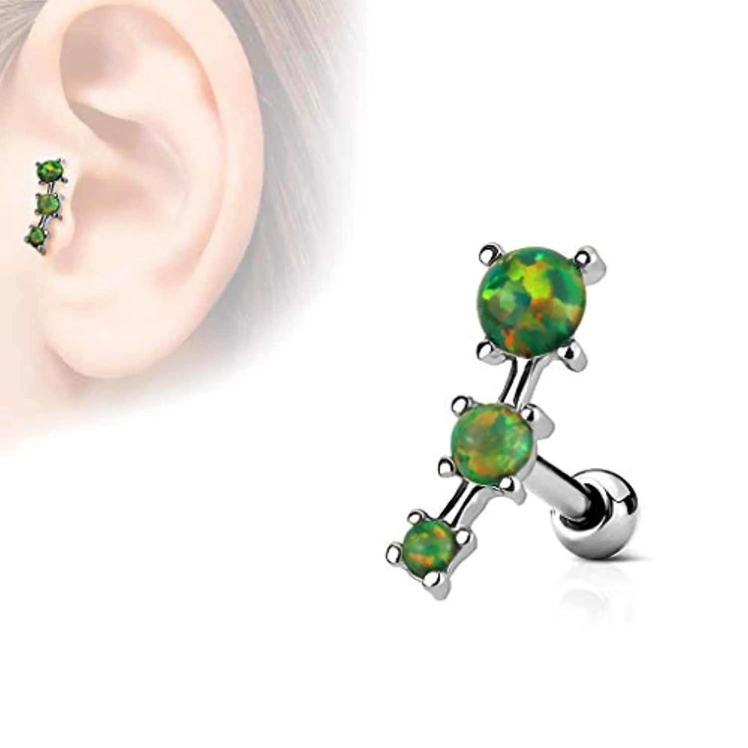 WildKlass Triple Opal Prong Set 316L Surgical Steel Tragus/Cartilage Barbell