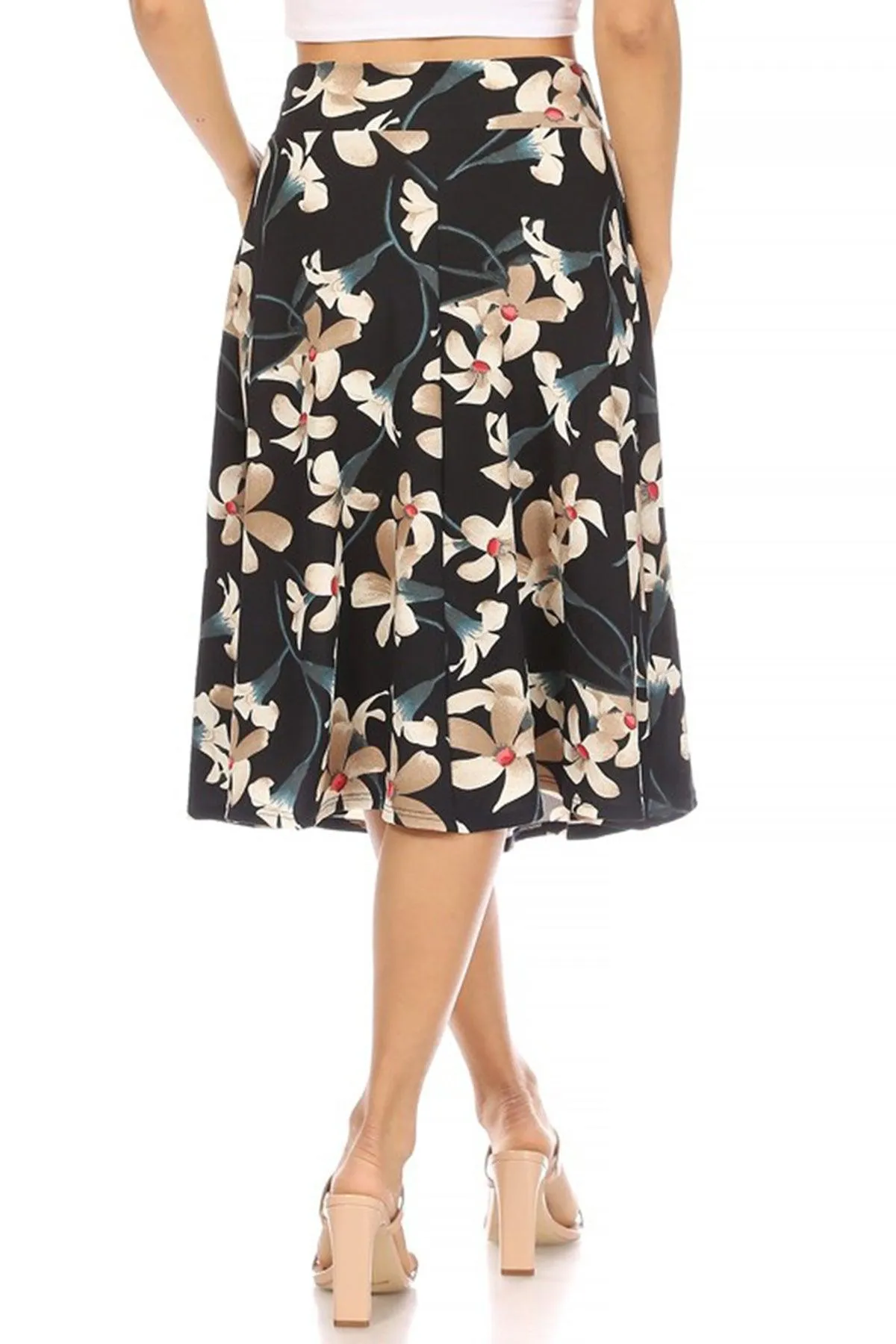 Women's Casual Floral A-line Printed High Waist Bow Tie Belted Knee Length Midi Skirt