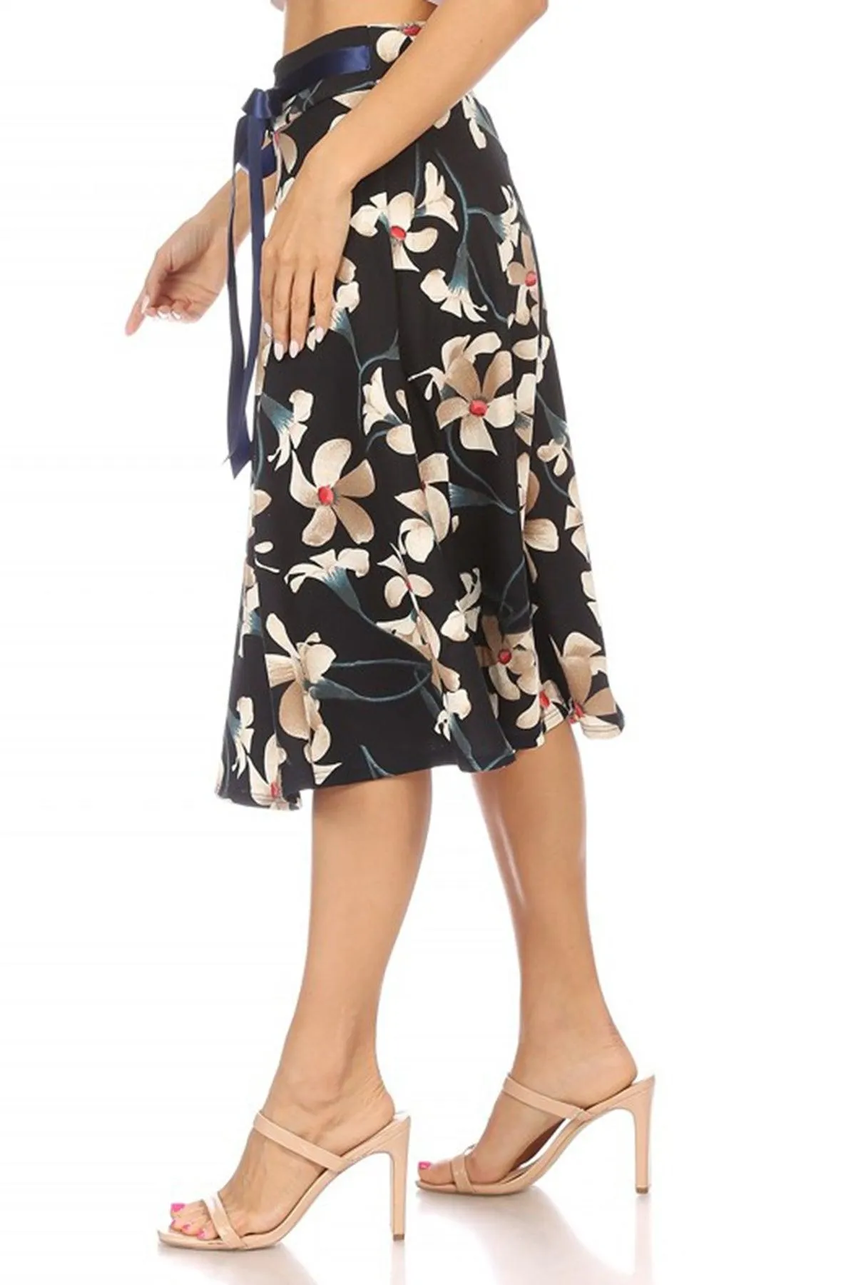 Women's Casual Floral A-line Printed High Waist Bow Tie Belted Knee Length Midi Skirt