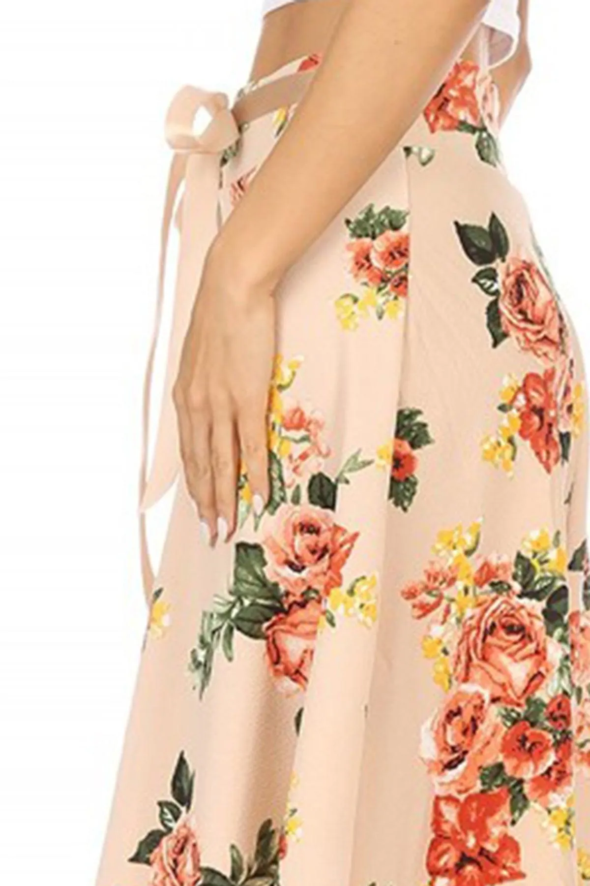 Women's Casual Floral A-line Printed High Waist Bow Tie Belted Knee Length Midi Skirt