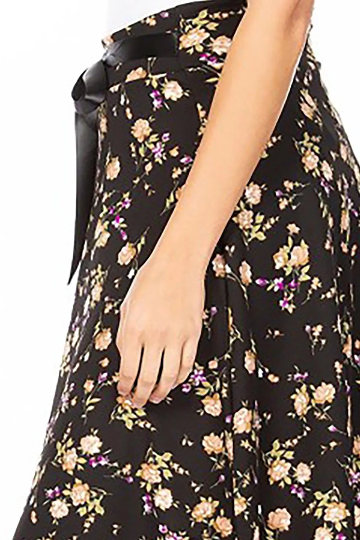 Women's Casual Floral A-line Printed High Waist Bow Tie Belted Knee Length Midi Skirt