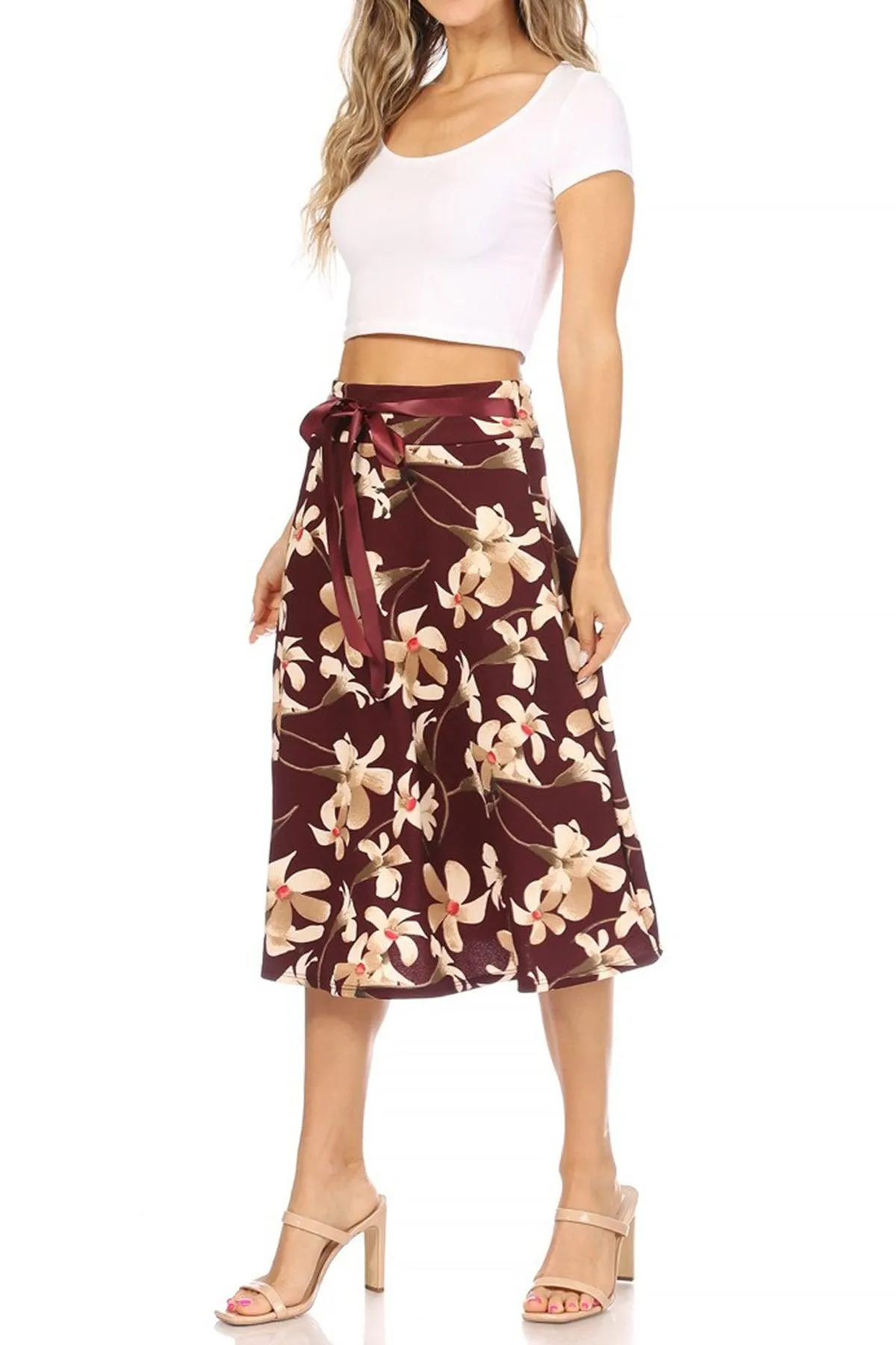 Women's Casual Floral A-line Printed High Waist Bow Tie Belted Knee Length Midi Skirt